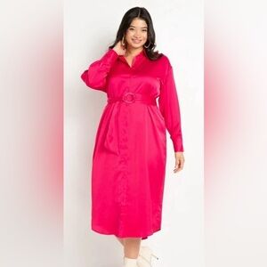 Eloquii Vibrant Pink Satin Shirt Dress